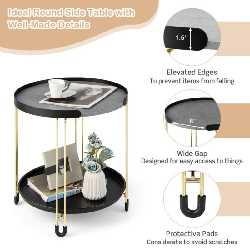 Hivvago 2-Tier Round Side Table with Removable Tray and Metal Frame for Small Space