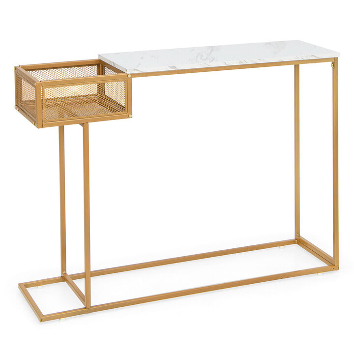 Rectangular White Faux Marble Console Table with Storage-Gold