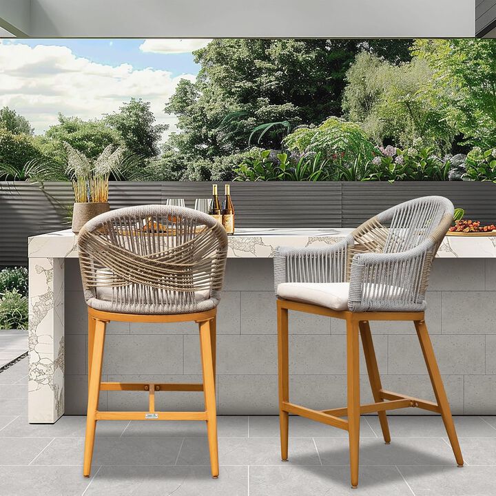 CLIHOME Modern Textilene Bohemian Style Barstools,Outdoor Patio Tall Bar Chairs with Cushion(Set of 2)