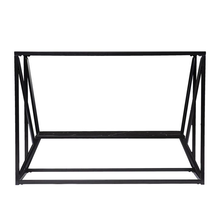 HomeRoots 42" Black Glass and Metal A Frame Console Table With Shelf