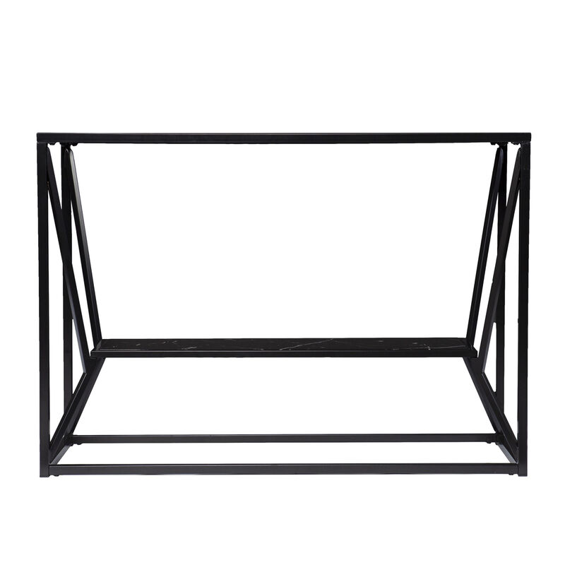 HomeRoots 42" Black Glass and Metal A Frame Console Table With Shelf image number 0