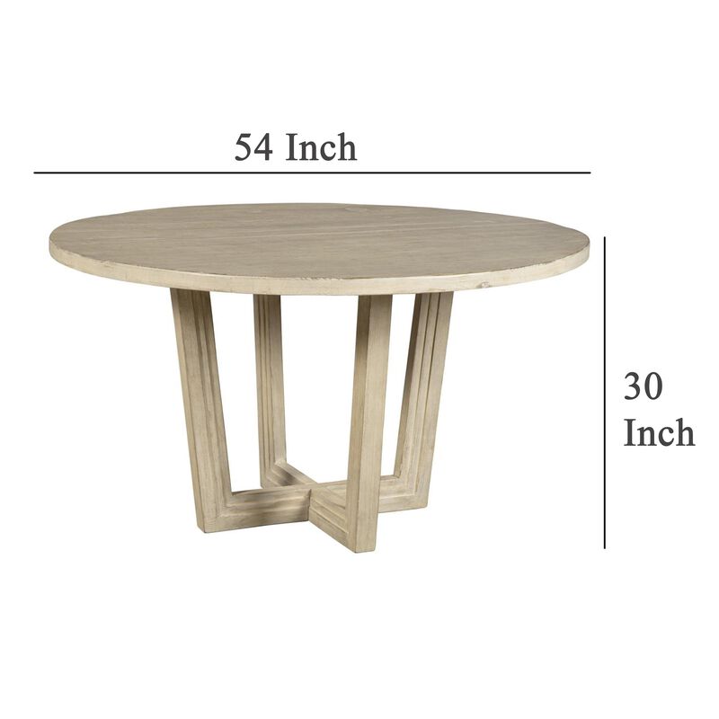 Lasa Dining Table, 54 Inch Round Pine Wood Top, Whitewash Cross Base - Benzara