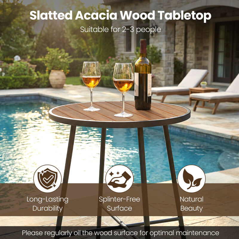 Patio Bar Height Round Table with Acacia Wood Top and Sturdy Metal Frame-Natural image number 7