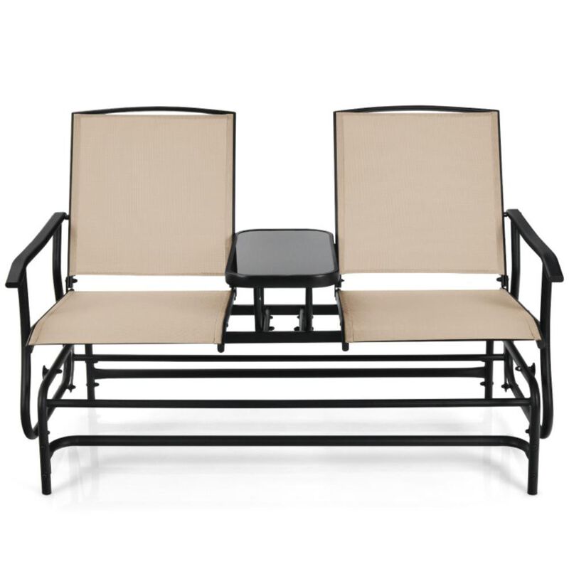 Hivvago 2-Person Double Rocking Loveseat with Mesh Fabric and Center Tempered Glass Table