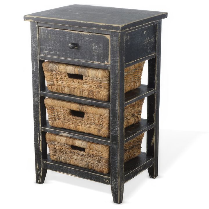 Rena End Table, 3 Natural Rattan Storage Baskets, 20 Inch Black Wood