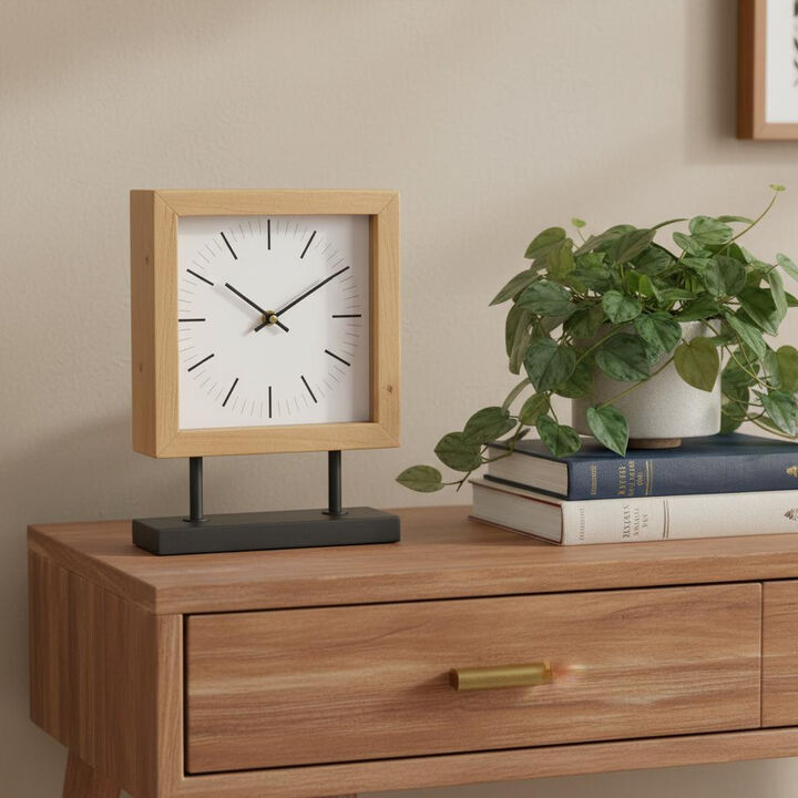 HomeRoots 11" Natural And Black Solid Wood And Metal Square Table Clock