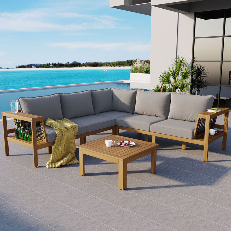 Whisen 4-Piece Acacia Wood Outdoor L-Shaped Sofa Set with Woven Mesh Armrests and Coffee Table image number 2