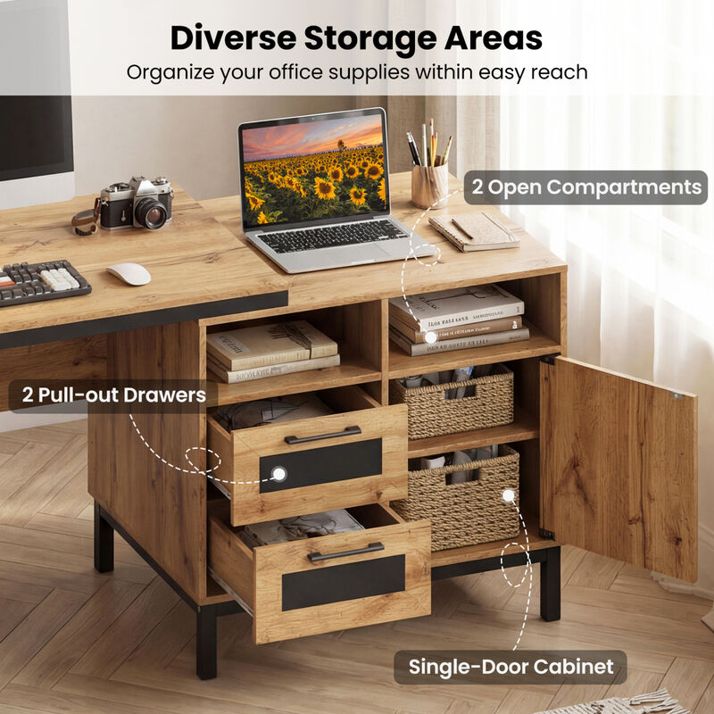 Modern Computer Desk with Open Compartments and Drawers for Storage image number 7