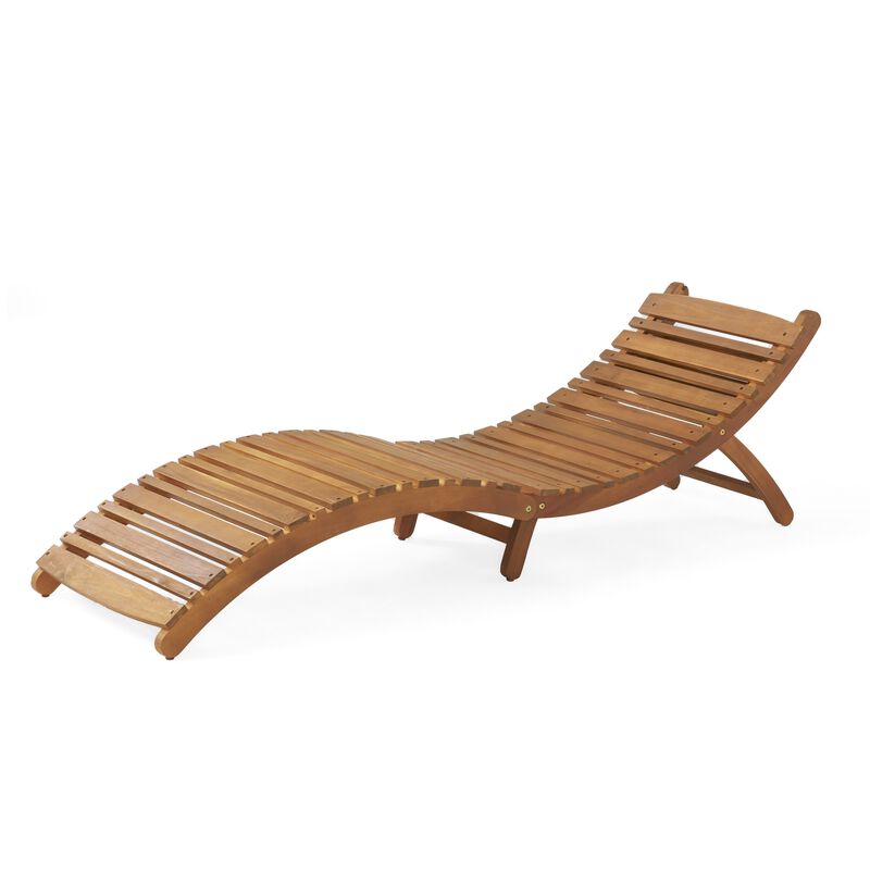 Hanie Foldable Chaise Lounger, Outdoor, Open Slatted in Brown Acacia Wood - Benzara