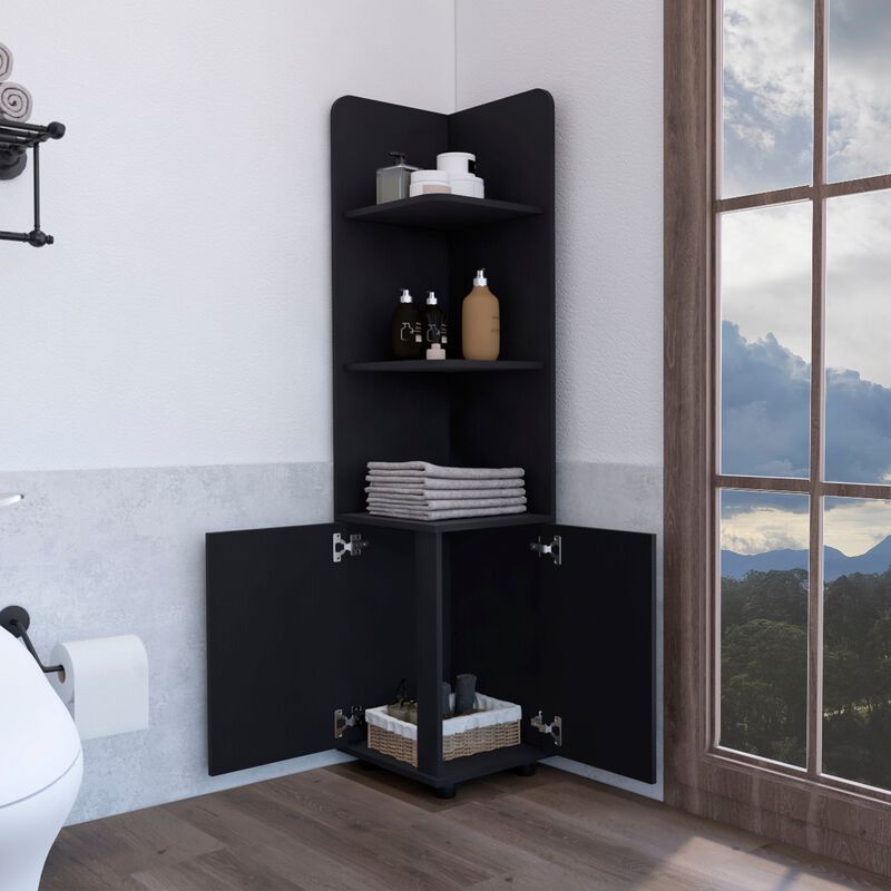 Vestal Tall Corner Cabinet with 3-Tier Shelf and 2-Door, Black -Bathroom