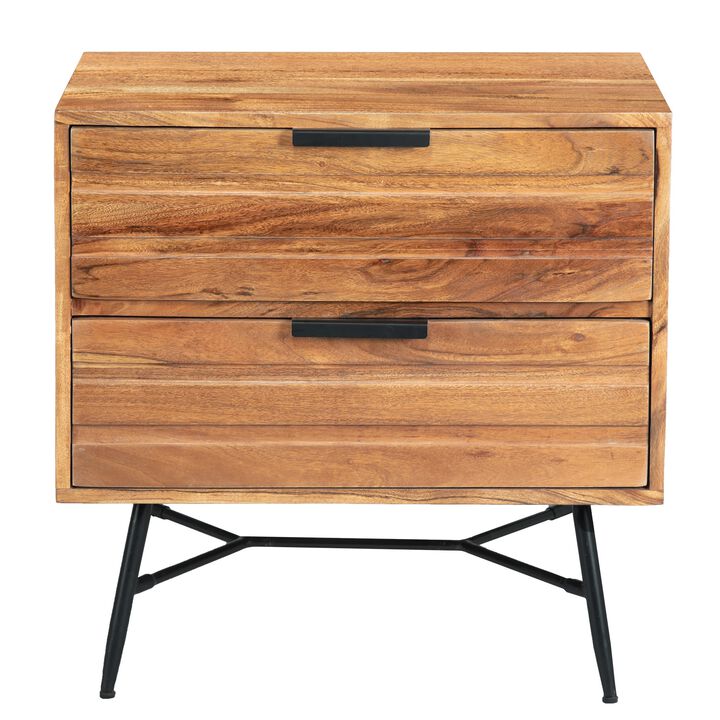 The Urban Port Two Drawer Wooden Nightstand with Metal Angled Legs, Brown and Black