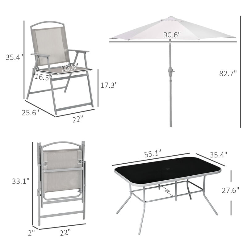 8pc Outdoor Patio Dining Set Furniture, 6 Folding Chairs, Table, Umbrella, Black