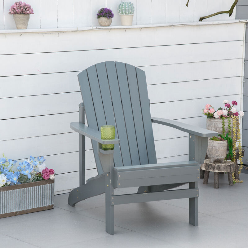 Outsunny Wooden Adirondack Chair, Outdoor Patio Lawn Chair with Cup Holder, Weather Resistant Lawn Furniture, Classic Lounge for Deck, Garden, Backyard, Fire Pit, Dark Gray
