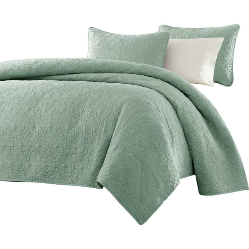 Seafoam Quilted Bedspread Set with 2 Shams, 3-Piece Lightweight Coverlet
