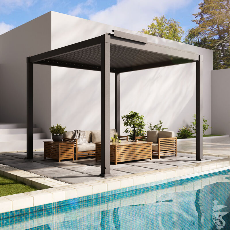 Mondawe 10x10FT Electric Aluminum Louver Pergola with Integrated LED Lights and Smart Solar Rain Sensor - Gray image number 1