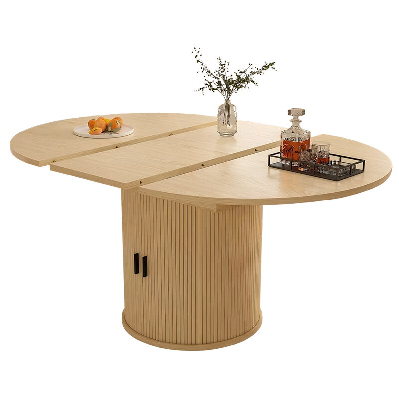 63" Extendable Round Kitchen Dining Room Table with 2-Tier Storage Shelf, with Pedestal Base