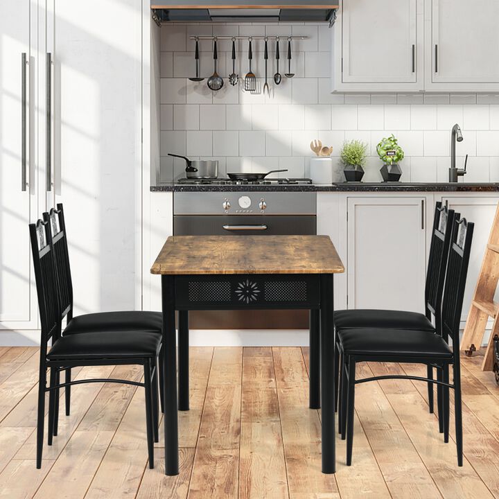 5 Pcs Dining Set Wood Metal Table and 4 Chairs with Cushions