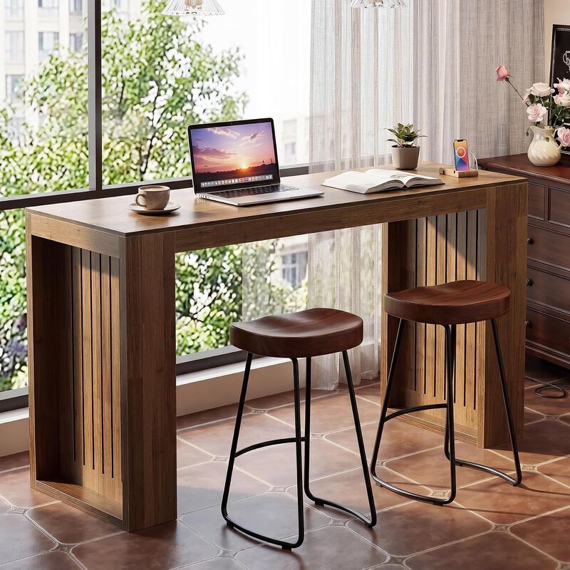 63 Inch Long Brown Counter Height Bar Table for Home Bar and Dining Room image number 6