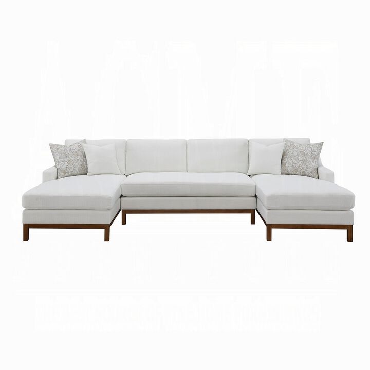 Liant U Shape Sectional Sofa, 4 Toss Pillows, Ivory Chenille, 127 Inch - Benzara
