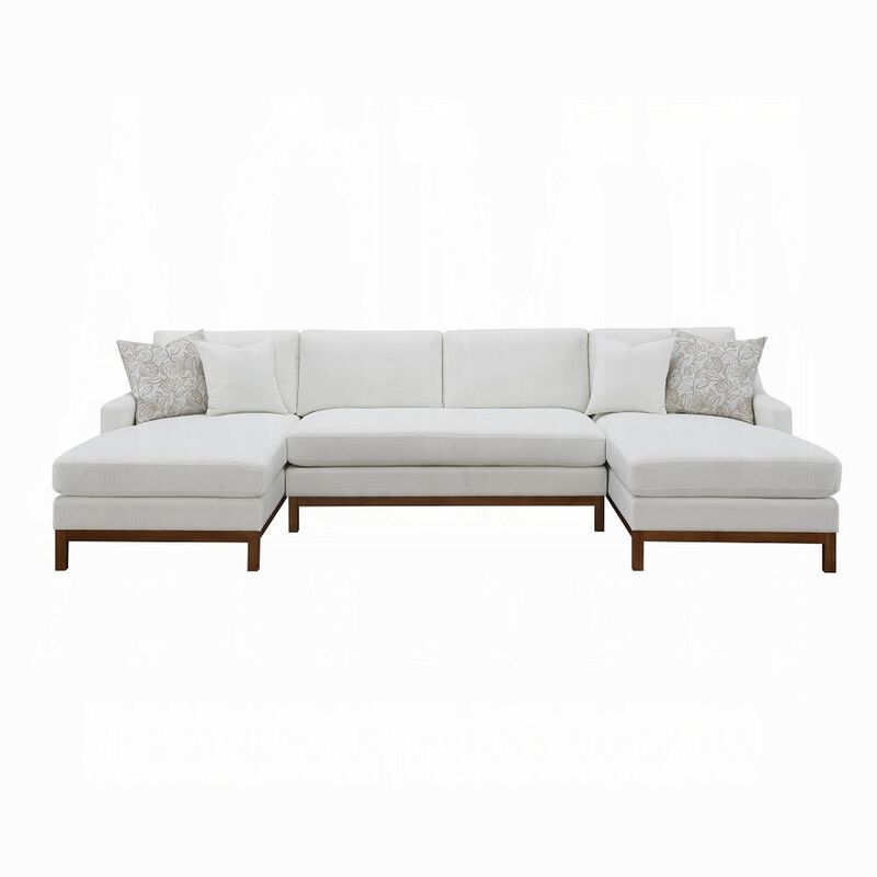 Liant U Shape Sectional Sofa, 4 Toss Pillows, Ivory Chenille, 127 Inch - Benzara