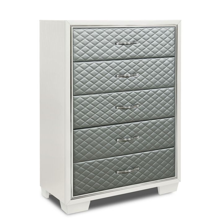 Benjara Inna 54 Inch Tall Dresser Chest, 5 Drawers, Upholstery Wood, White, Silver, Chrome