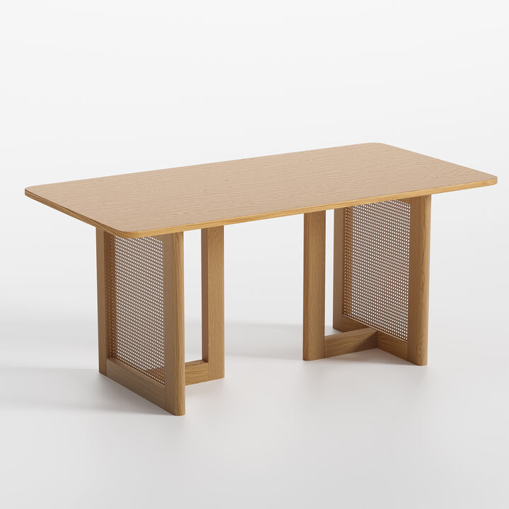 67 inch Rectangle Log Color Rattan Dining Table for 4-6 People Suitable for Dining Room and Living Room