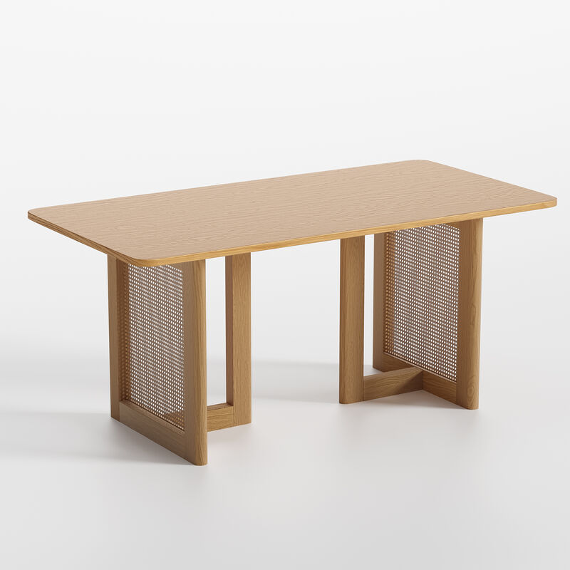 67 inch Rectangle Log Color Rattan Dining Table for 4-6 People Suitable for Dining Room and Living Room