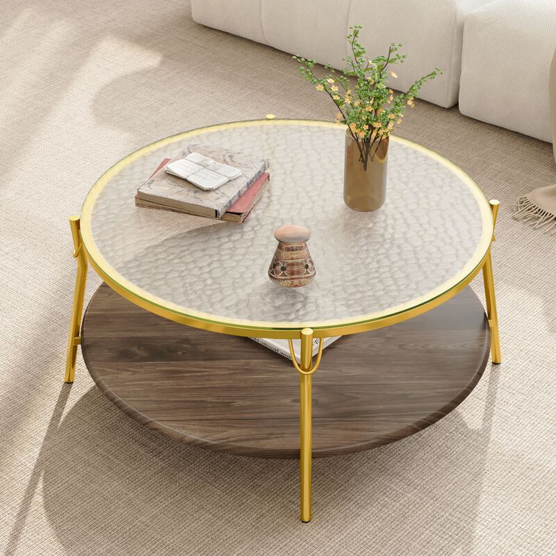 GOODSILO Modern Round Two-Tiered Coffee Table with Glass Top and Gold Metal Base for Contemporary Living Room D&eacute;cor image number 6