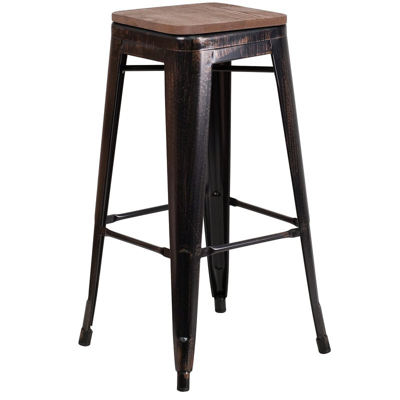 Flash Furniture Lily 30" High Backless Black-Antique Gold Metal Barstool with Square Wood Seat image number 0