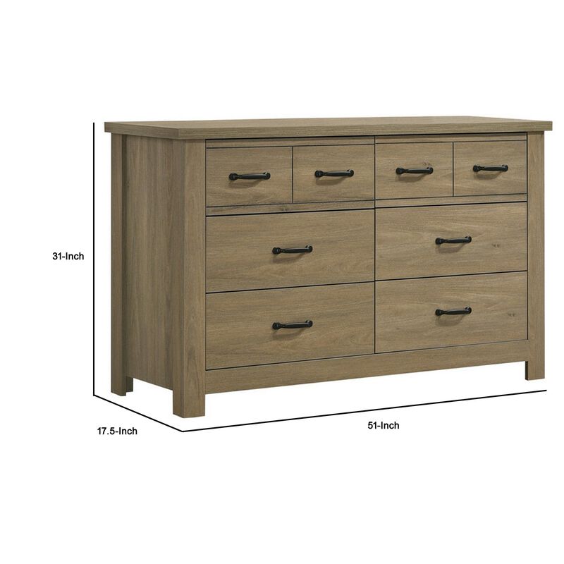 51 Inch Wood Dresser with 6 Drawers and Black Handles, Straight Legs, Gray - Benzara