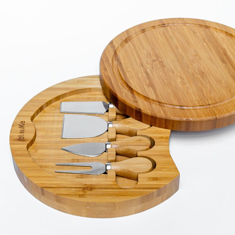 Bamboo Cheese Board and Knife Set - 10 Inch Swiveling Charcuterie Board with Slide-Out Drawer image number 7