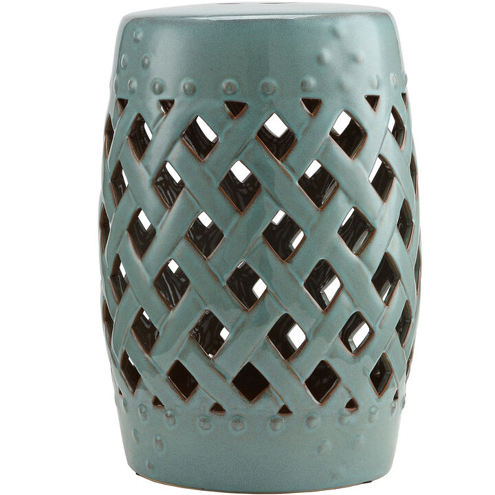 Outsunny 13" x 18" Ceramic Garden Stool with Woven Lattice Design & Glazed Strong Materials Decorative End Table, Antique Blue