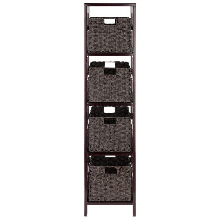 Winsome Wood Leo 5-Pc Storage Shelf with 4 Foldable Woven Baskets - Espresso and Chocolate