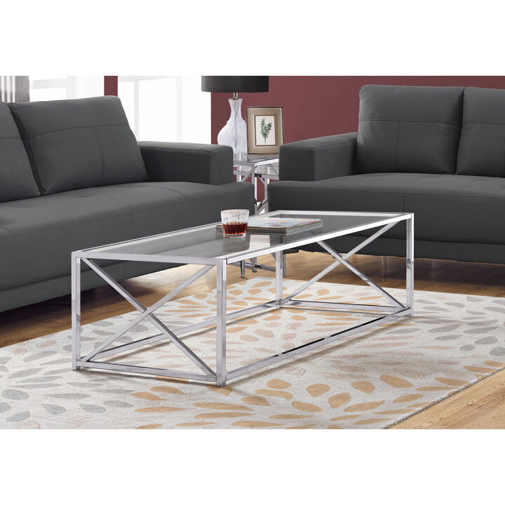 Monarch Specialties I 3440 Coffee Table, Accent, Cocktail, Rectangular, Living Room, 44"L, Metal, Tempered Glass, Chrome, Clear, Contemporary, Modern