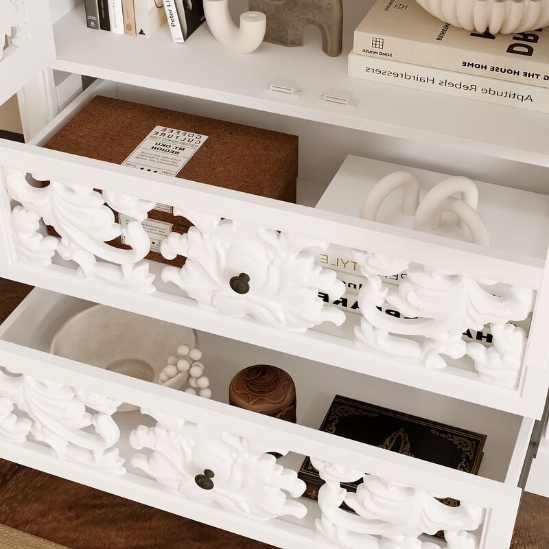 FUFU&GAGA Carved White Wardrobe with 2 Doors & 2 Drawers, Antique Metal Pulls, Wood Grain Top (33.1 in. W x 15.7 in. D x 66.1 in. H)