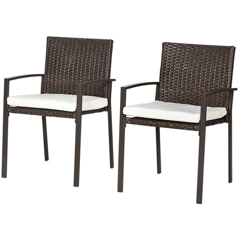Outsunny 2 PCs Dining Chairs w/ Cushion, Patio Wicker Armchair Set, White