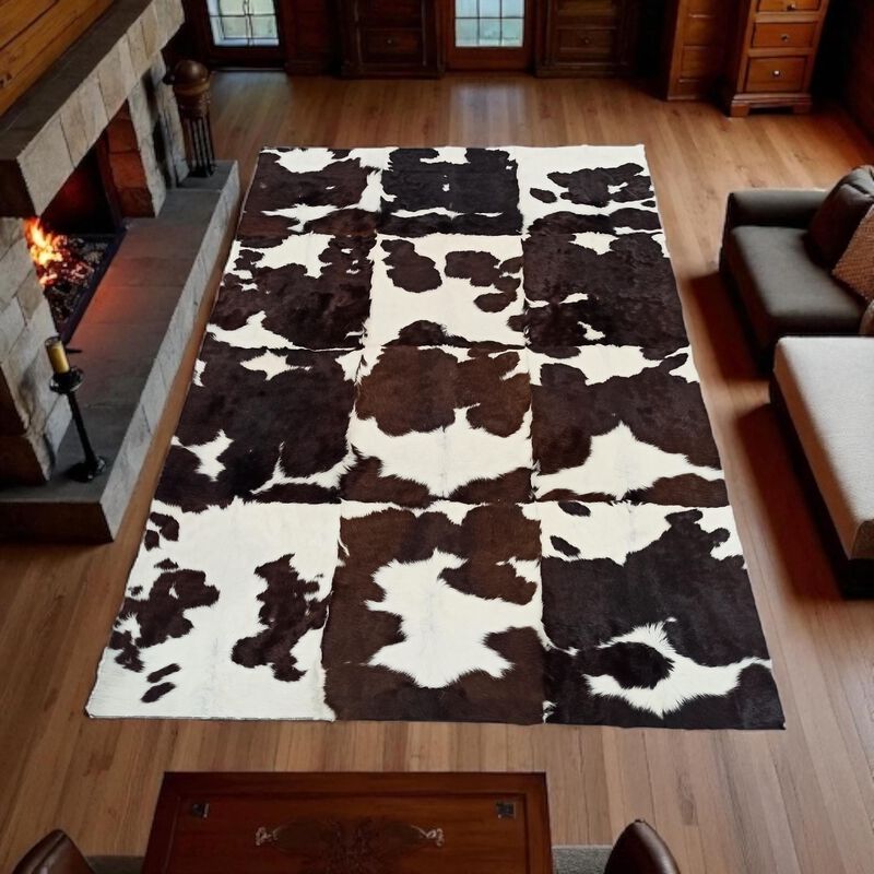 Brown and White Patchwork Cowhide Rug image number 5