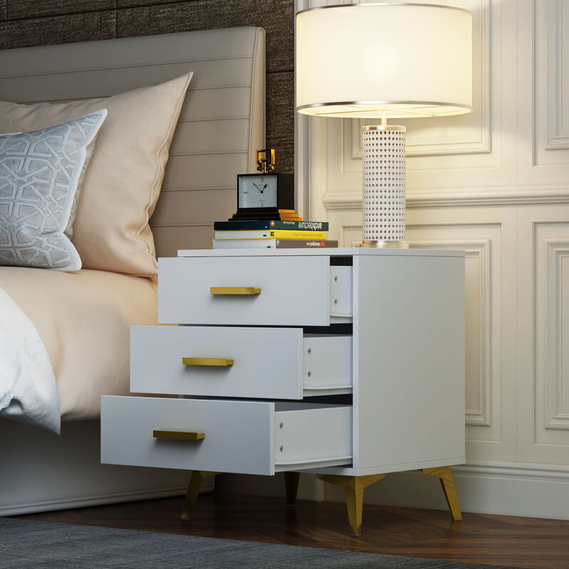 Modern Nightstand with 3 Storage Drawers & Gold Metal Legs, Minimalist and Versatile Bedside Table Sofa End Side Table, White (19.7" W x 15.7" D x 23.6" H)