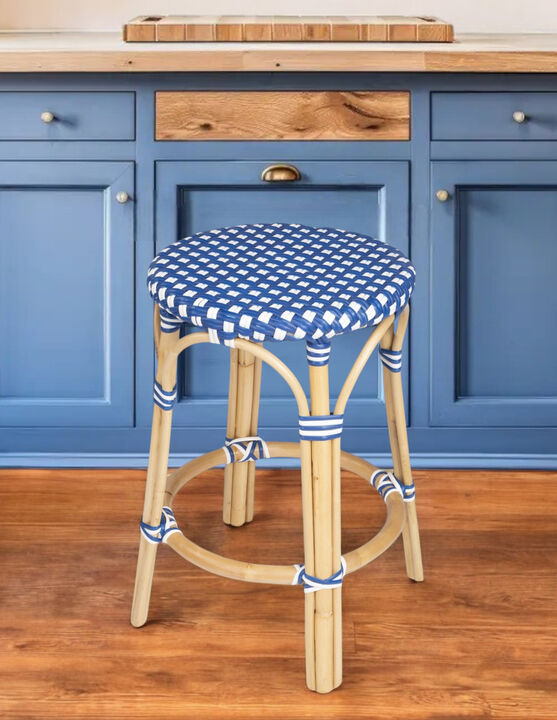 Hivvago 24 Inch Blue and White and Wood Brown Heavy Duty Rattan Backless Counter Height Bar Chair