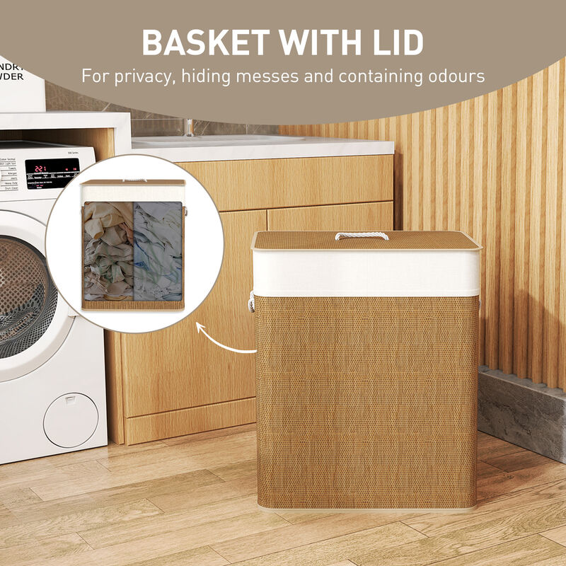 Hivvago Double Compartment Bamboo Laundry Basket with Liner image number 4
