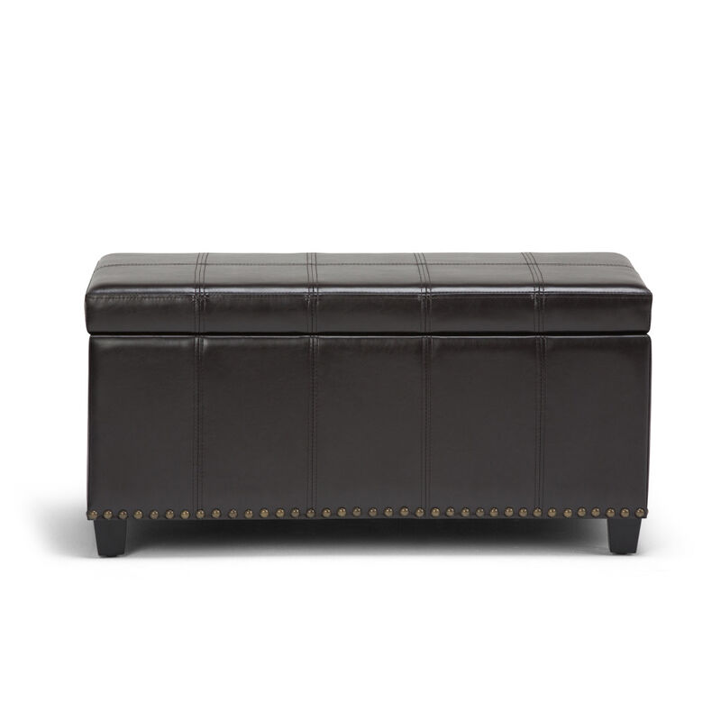 HomeRoots 33" Brown and Espresso Faux Leather and Solid Wood Upholstered Storage Bench With Flip Top image number 2