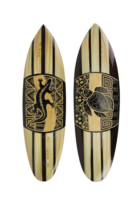Set Of 2 Hand Carved Wood Surfboards Tiki Decor Lizard Turtle Wall Hanging Art