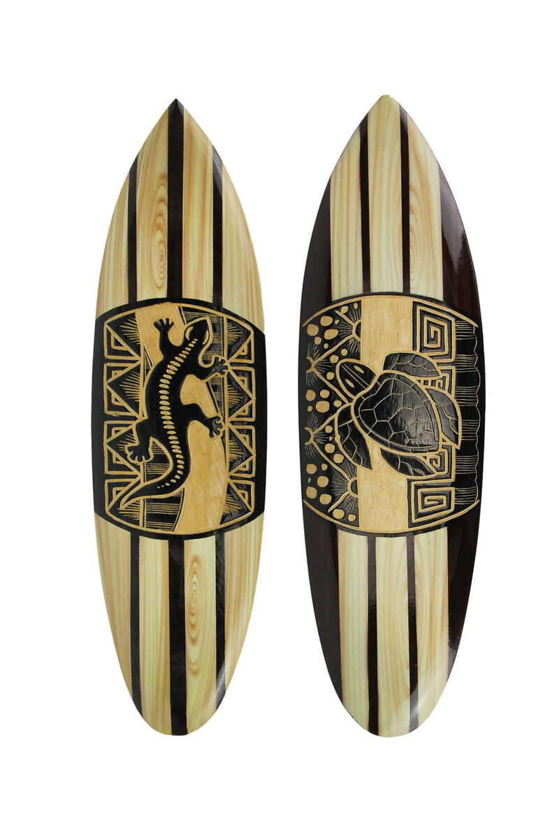 Set Of 2 Hand Carved Wood Surfboards Tiki Decor Lizard Turtle Wall Hanging Art image number 0
