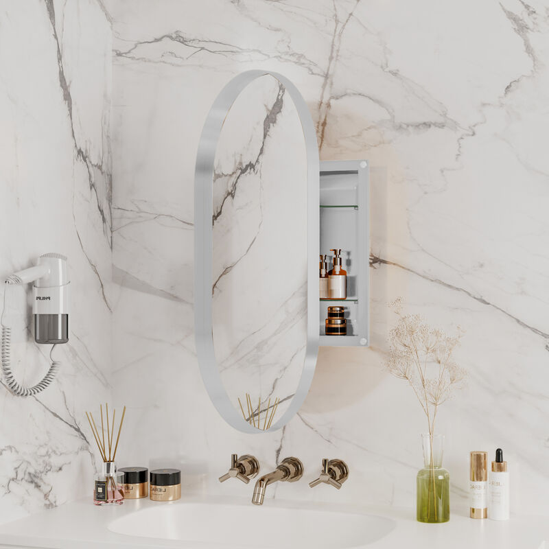 ELEMENT ACE 20x34 Inch Oval Recessed Medicine Cabinet with Mirror and Adjustable Shelves image number 5