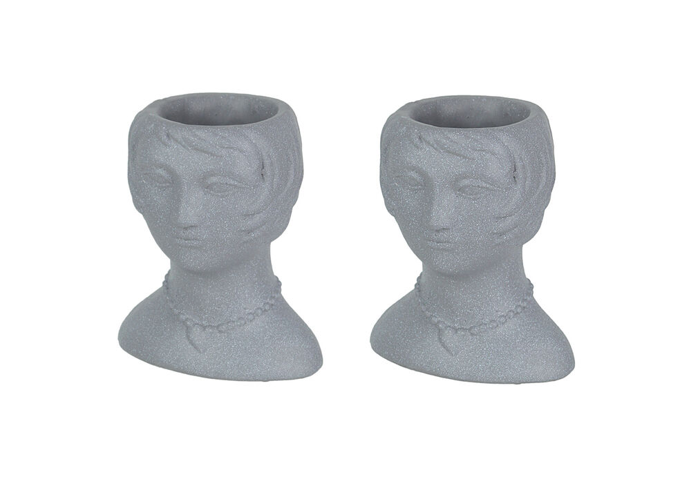 Set of 2 Roaring 20's Flapper Lady Gray Concrete Head Mini Planter 6 Inches Tall