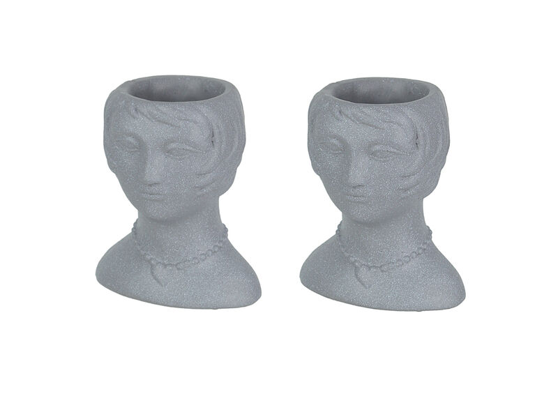 Set of 2 Roaring 20's Flapper Lady Gray Concrete Head Mini Planter 6 Inches Tall image number 0