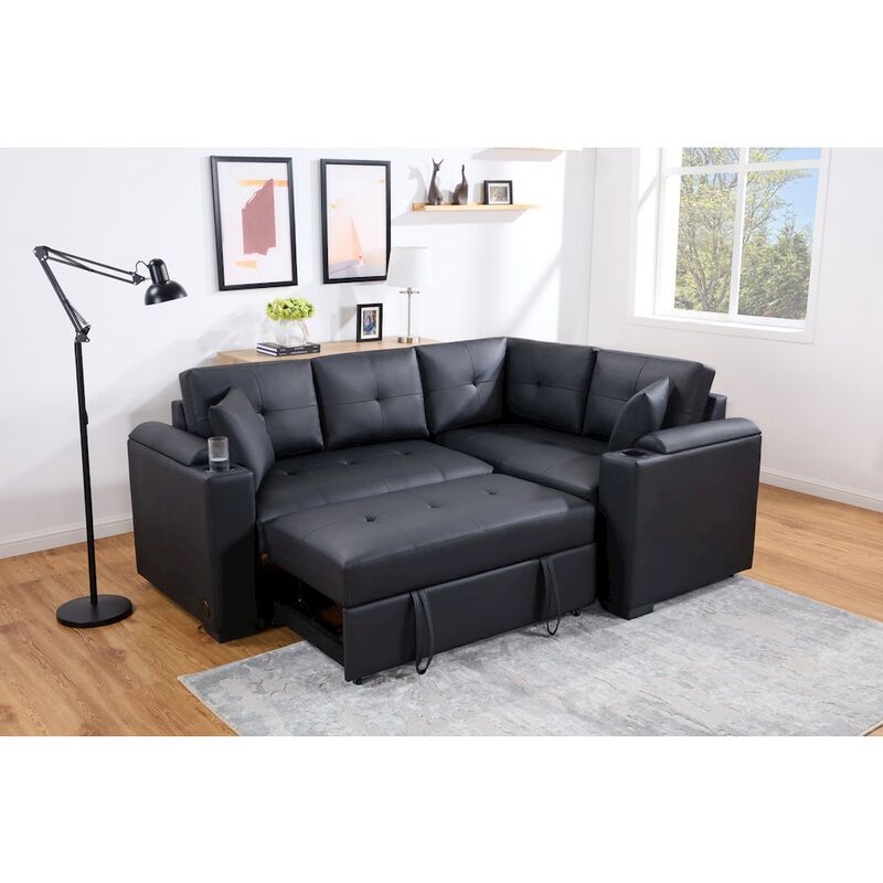 Lilola Home 84.5W Black PVC Fabric Sleeper Sectional
