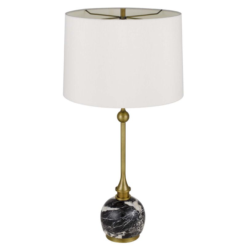 Table Lamp, White Drum Shade, Slim Brass Neck, Swirled Black Marble 29 Inch image number 4