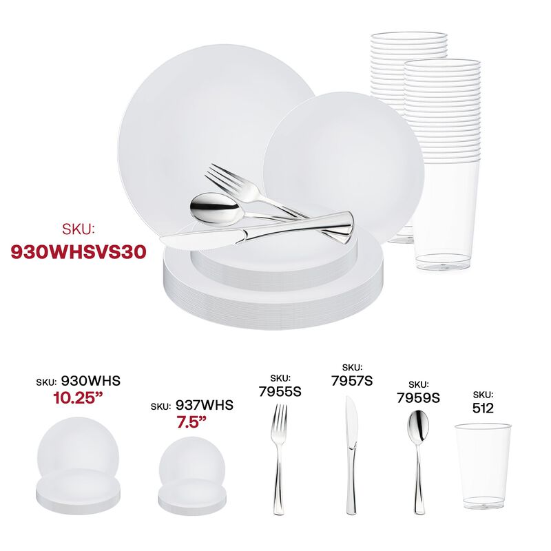 White with Silver Rim Organic Round Plastic Wedding Value Set (30 Sets) image number 5