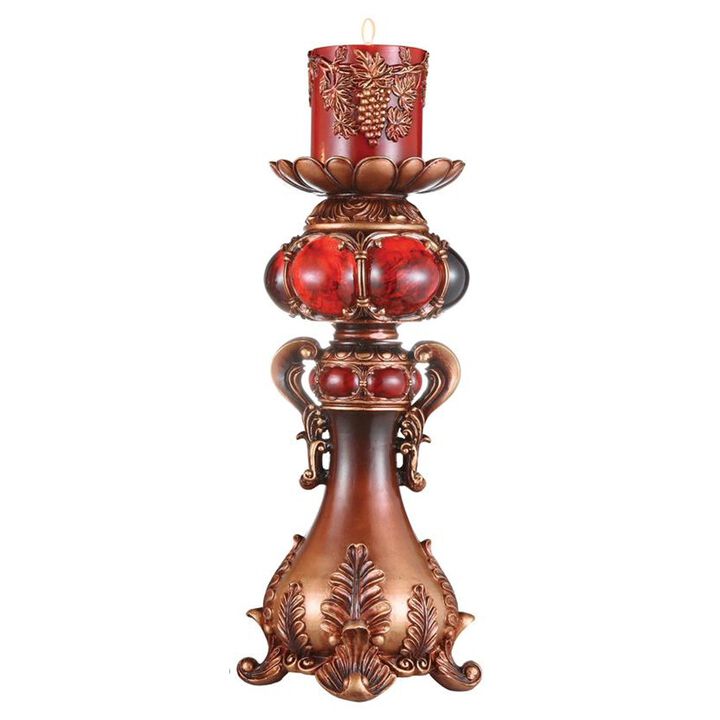 Homezia 20" Brown and Red Faux Marble Tabletop Candle Holder and Candle